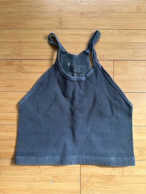 Free People Ribbed High-Neck Crop Tank Top - Slate Blue